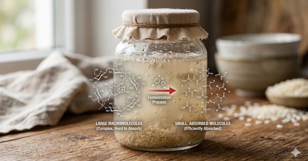 Biotech skincare science showing fermented rice water molecules being absorbed into the skin dermis in a DIY natural routine.