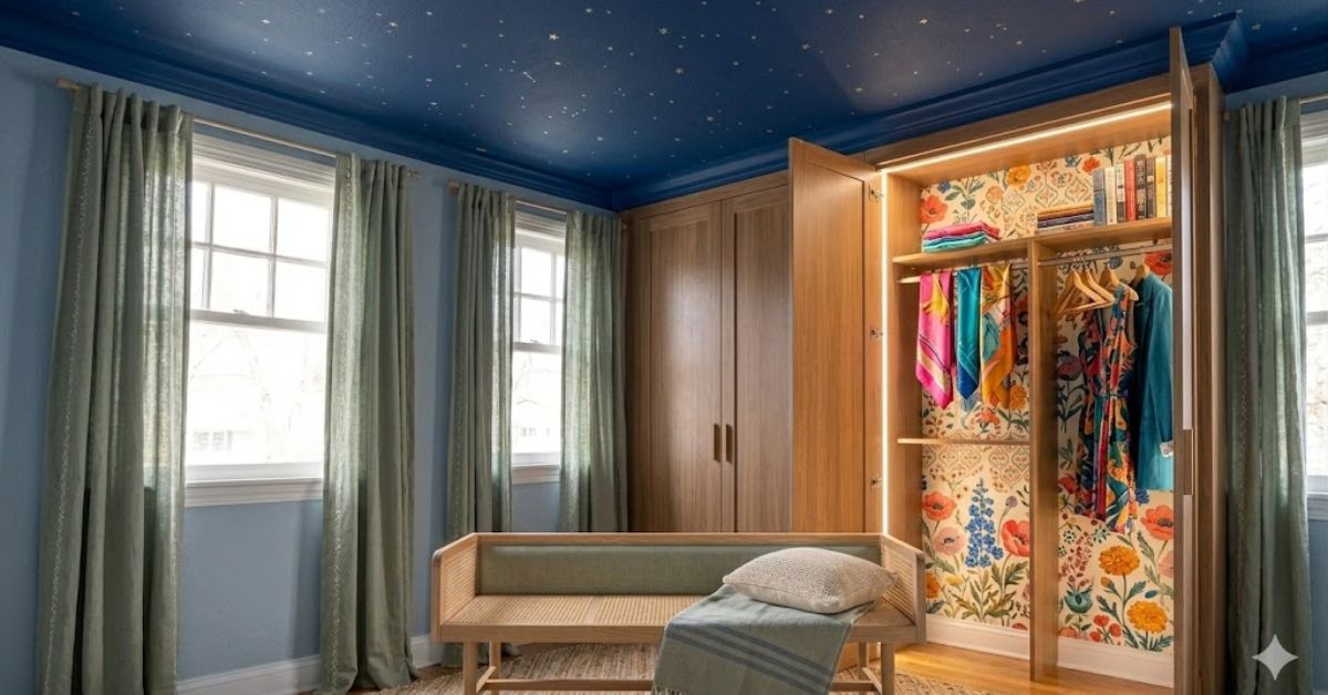 Fun wallpaper inside a bedroom closet.
