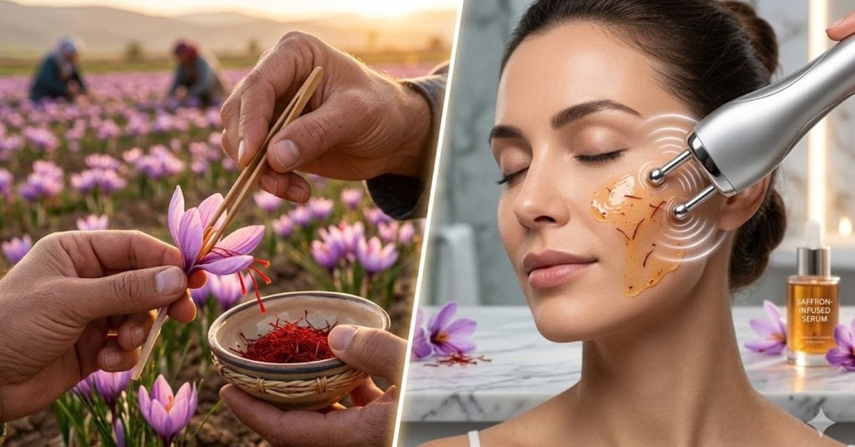 High-quality saffron used in cellular signaling to boost elastin production, proving ancient Indian Ayurvedic secrets with modern biotech.