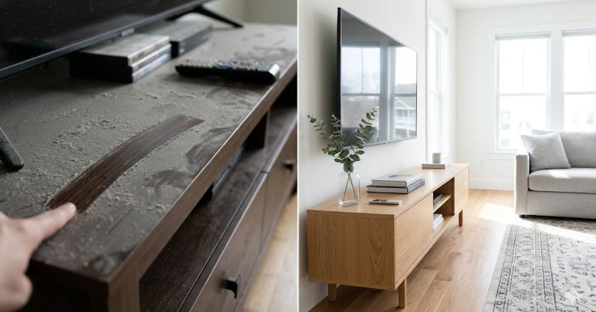 Comparison of a dusty home surface vs a dust-free interior design.