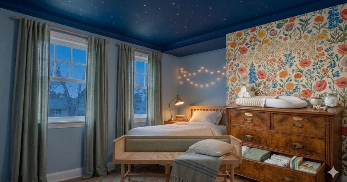 Vintage furniture pieces in a modern kids room.