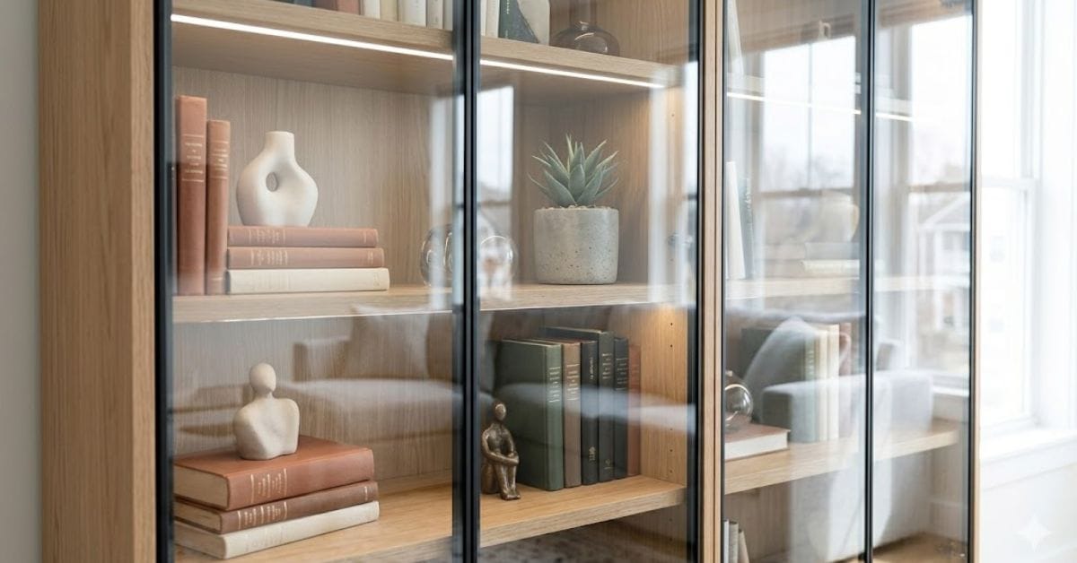 Modern kitchen cabinets with glass doors to prevent dust.