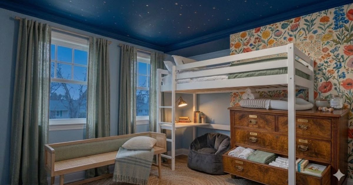 Loft bed with a desk area underneath for space saving.