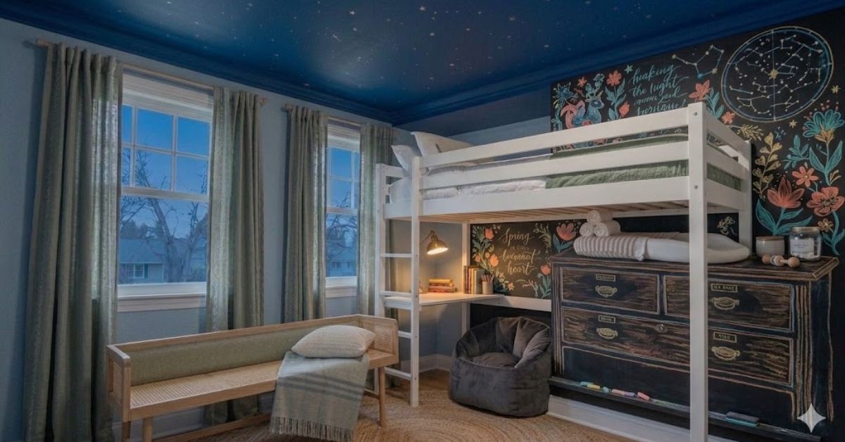 Chalkboard accent wall for kids bedroom.