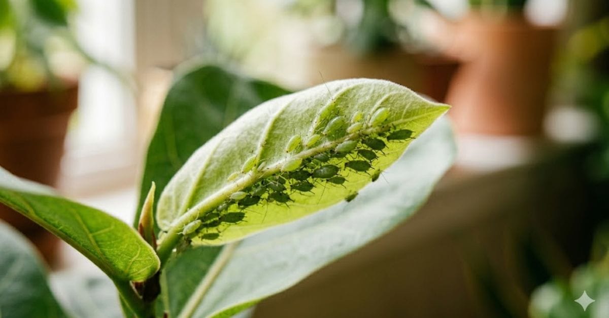 small green aphids on indoor plant new growth