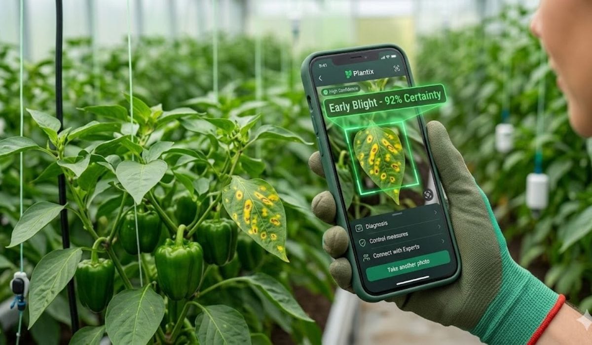 Plantix AI app diagnosing early blight disease on a tomato leaf using computer vision.