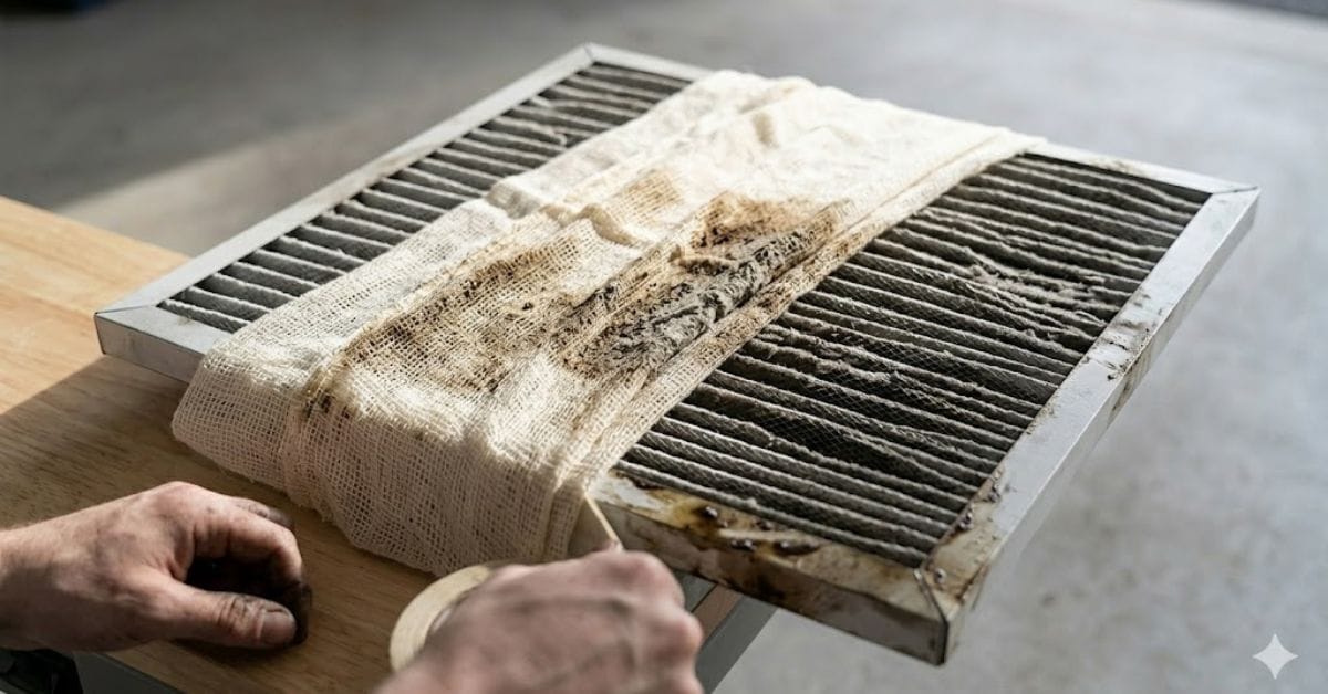 DIY air filter hack using cheesecloth to trap micro-dust.