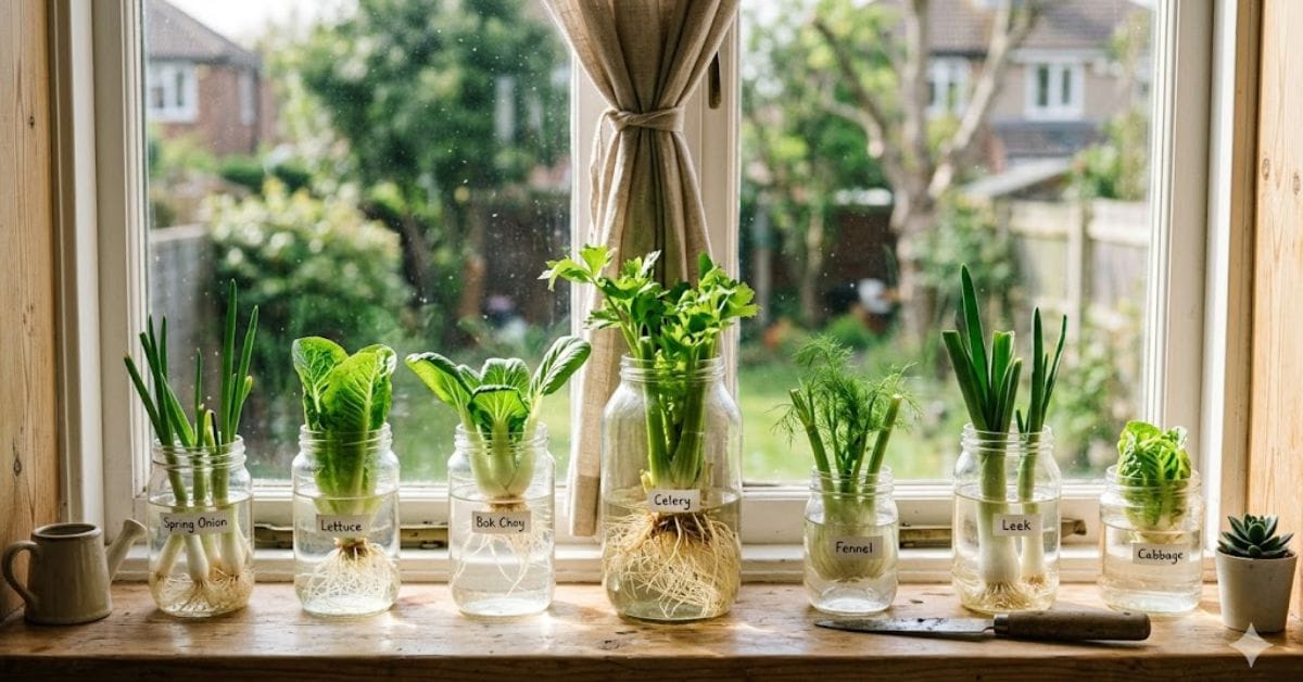 A DIY setup to regrow vegetables in water using kitchen scraps.