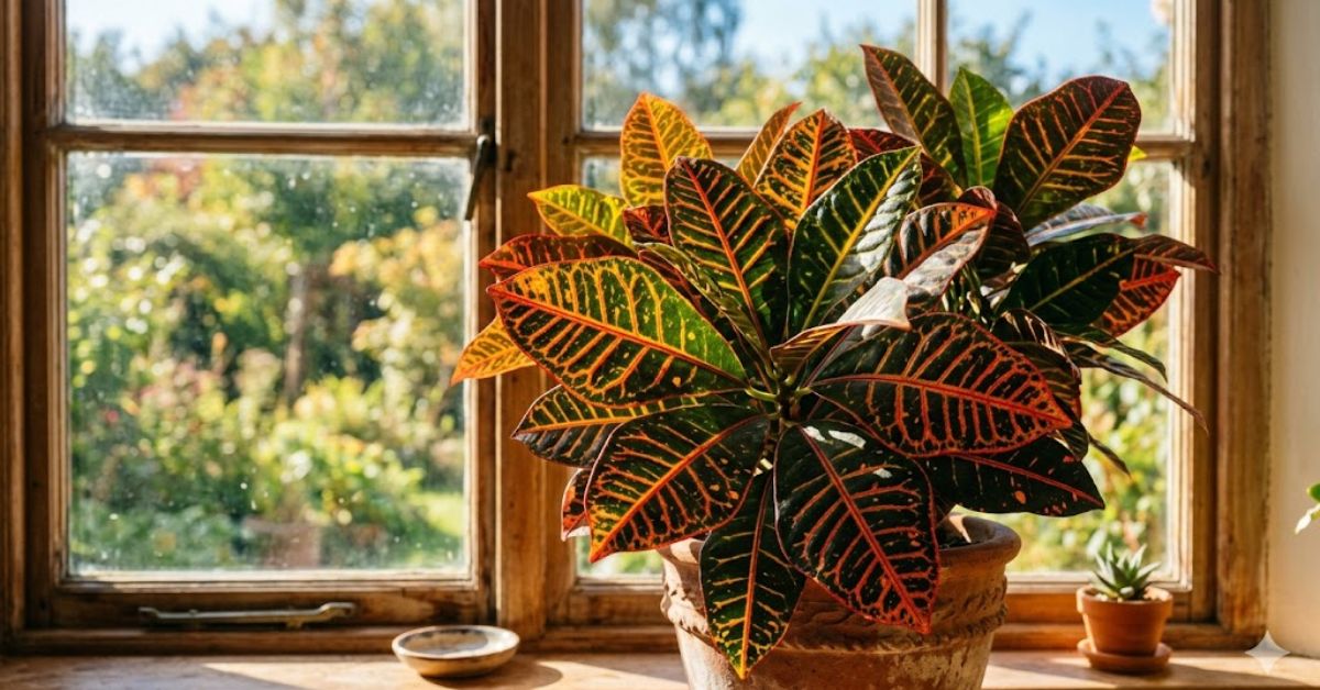 Croton Petra indoor plant with fiery red orange and yellow foliage