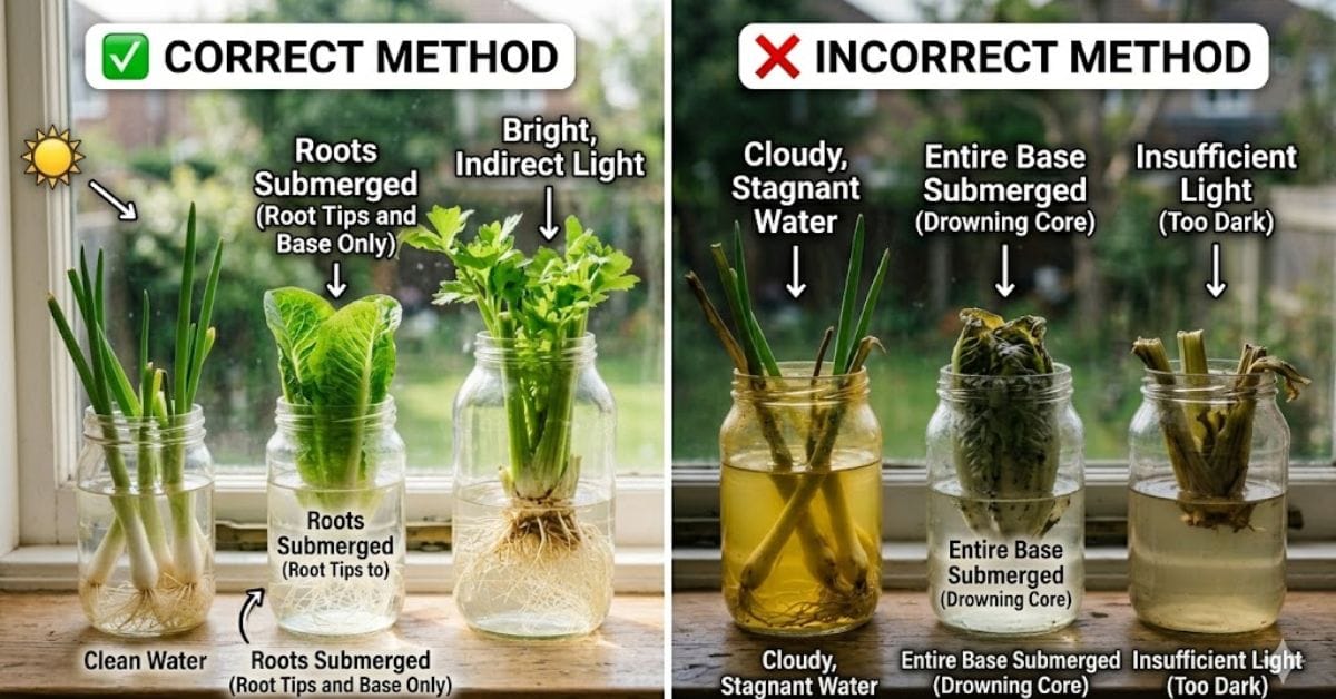 Healthy vs rotting scraps when you regrow vegetables in water.