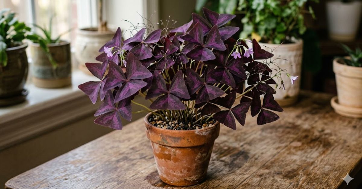 Purple Oxalis Triangularis false shamrock with butterfly shaped leaves