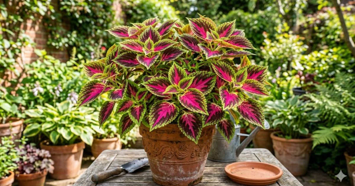 Coleus plant with neon pink and lime green variegated leaves