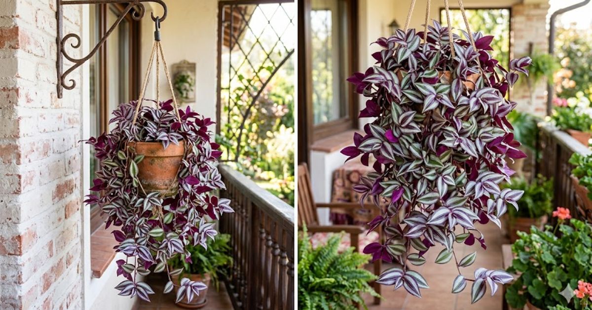 Hanging Tradescantia Zebrina silver inch plant with sparkling purple leaves