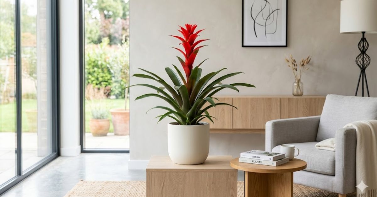 Red Bromeliad houseplant with a vibrant central flower spike
