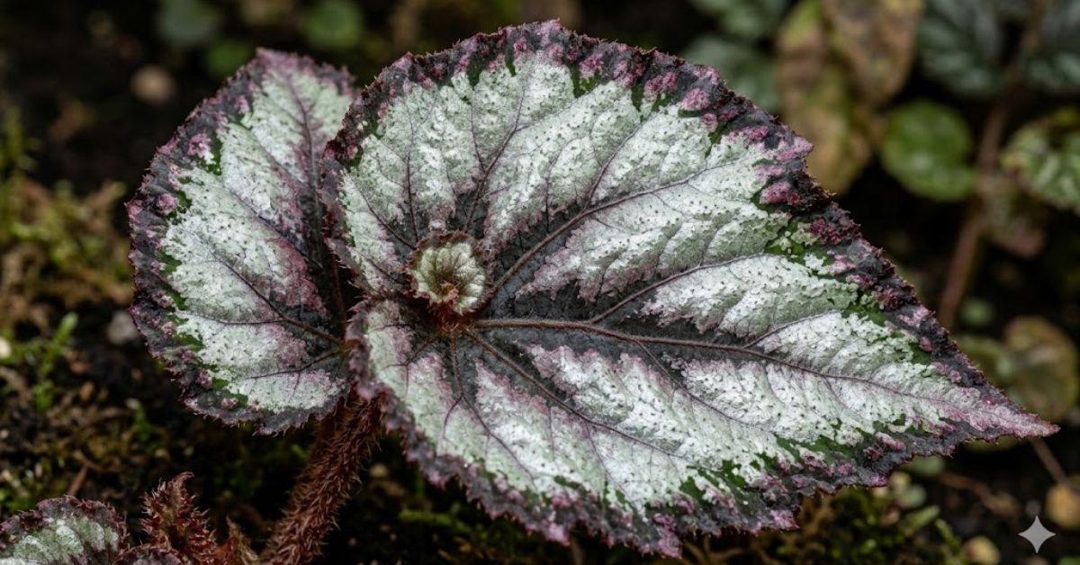 Rex Begonia with swirling metallic silver and deep burgundy leaves