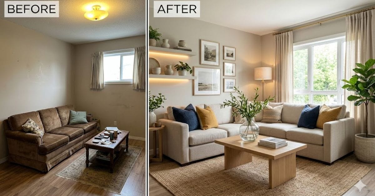 Budget-friendly living room makeover before and after comparison.