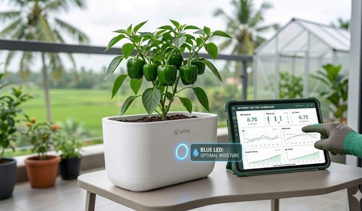 LetPot smart pot showing real-time nutrient and water tracking via an AI dashboard.