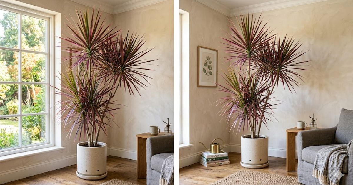 Tall Dracaena Colorama indoor palm with pink edged spiky leaves