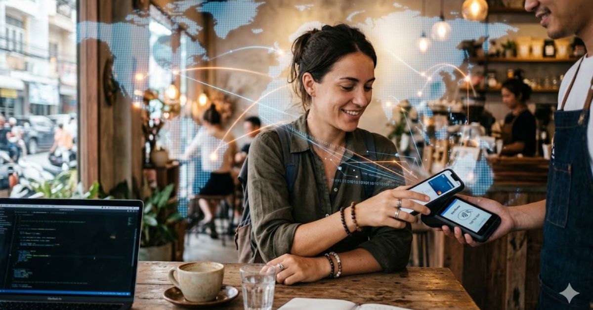 Modern digital nomad using a phone for invisible currency payment in a global market concept.