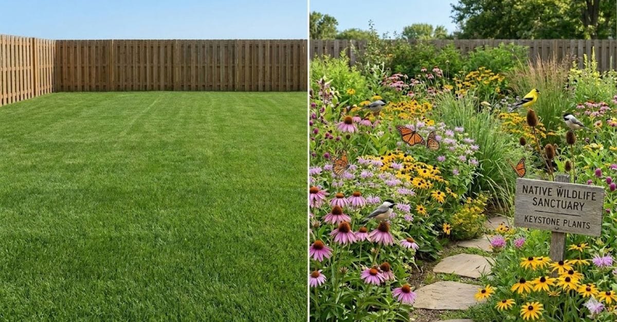 Keystone plants garden contrasting with sterile green lawn