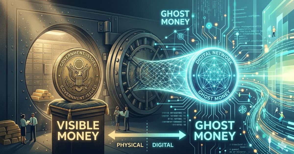 Visual comparison of visible money in a bank vault versus decentralized ghost currency.