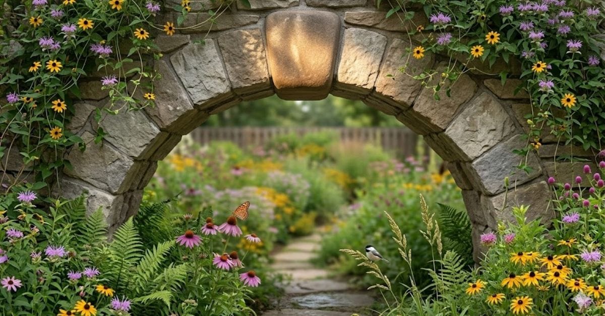 Symbolic stone arch showing the keystone supporting a thriving native ecosystem