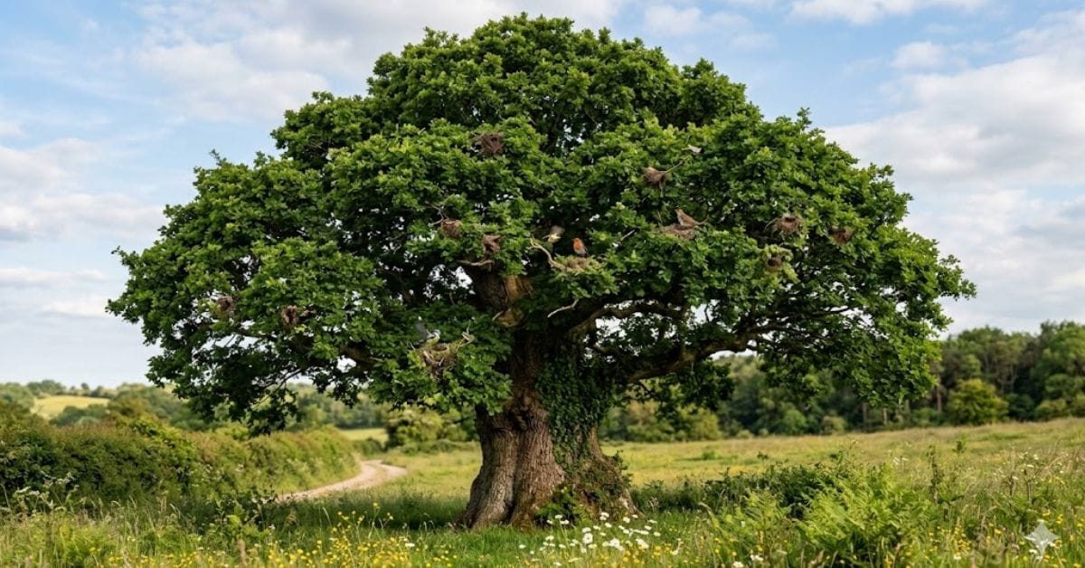 A majestic mature Oak tree providing habitat for local birds