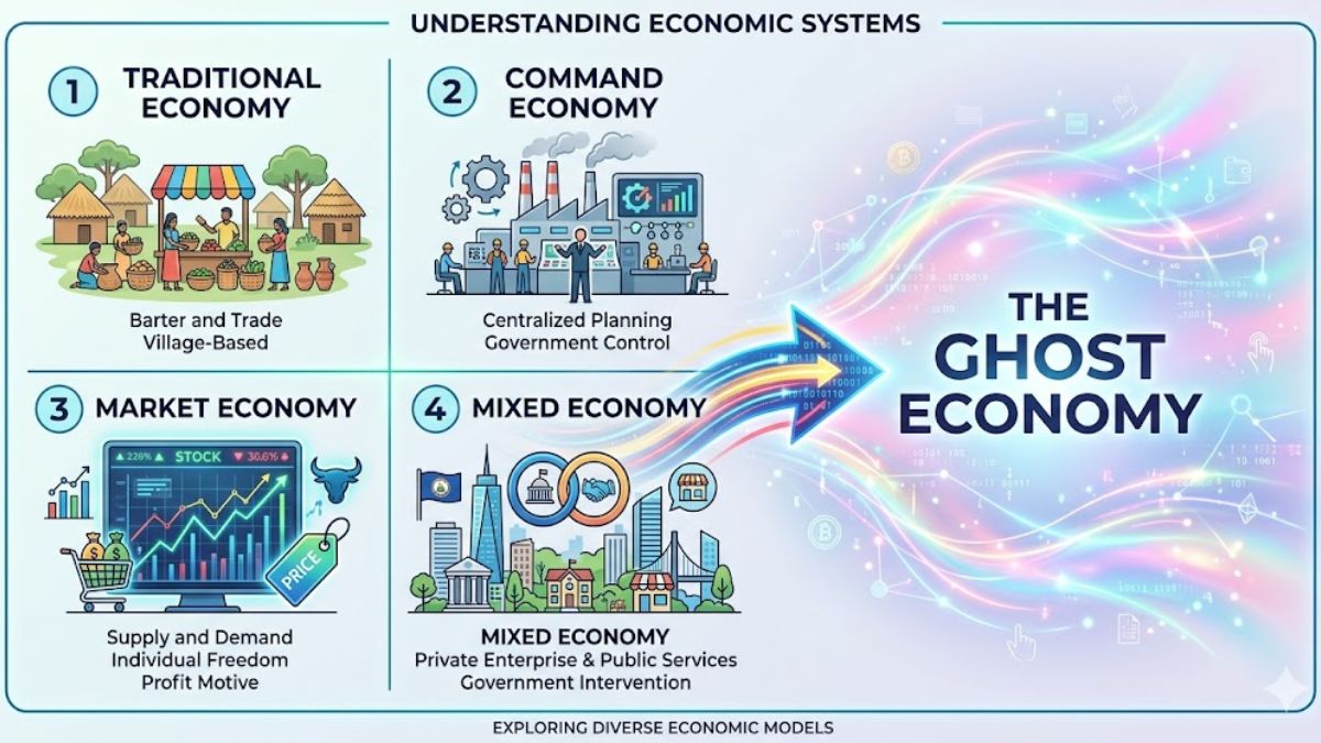 Infographic displaying the four types of economies and the evolution towards the Ghost Economy.