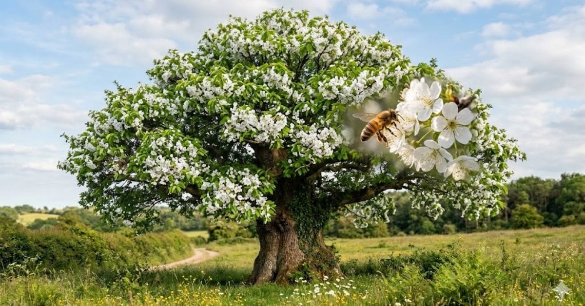 Blossoming native cherry tree attracting pollinators in early spring