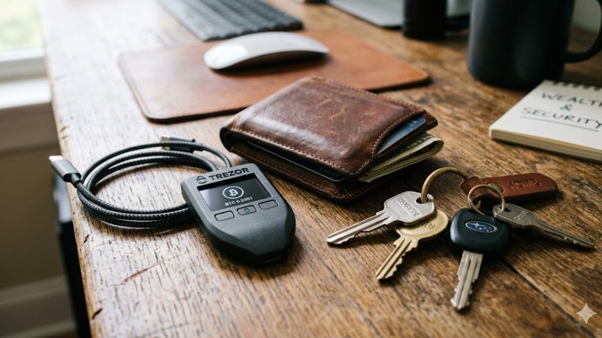 Close-up of a crypto hardware wallet next to a traditional wallet on a desk.