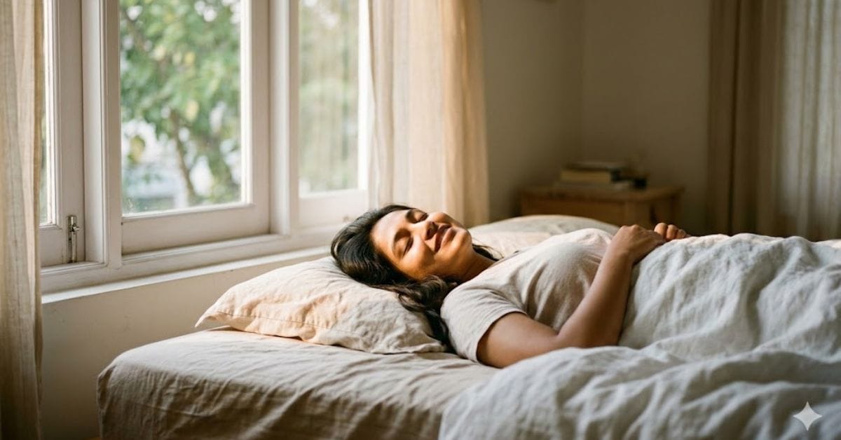 Person waking up energized with natural morning sunlight for circadian rhythm syncing.