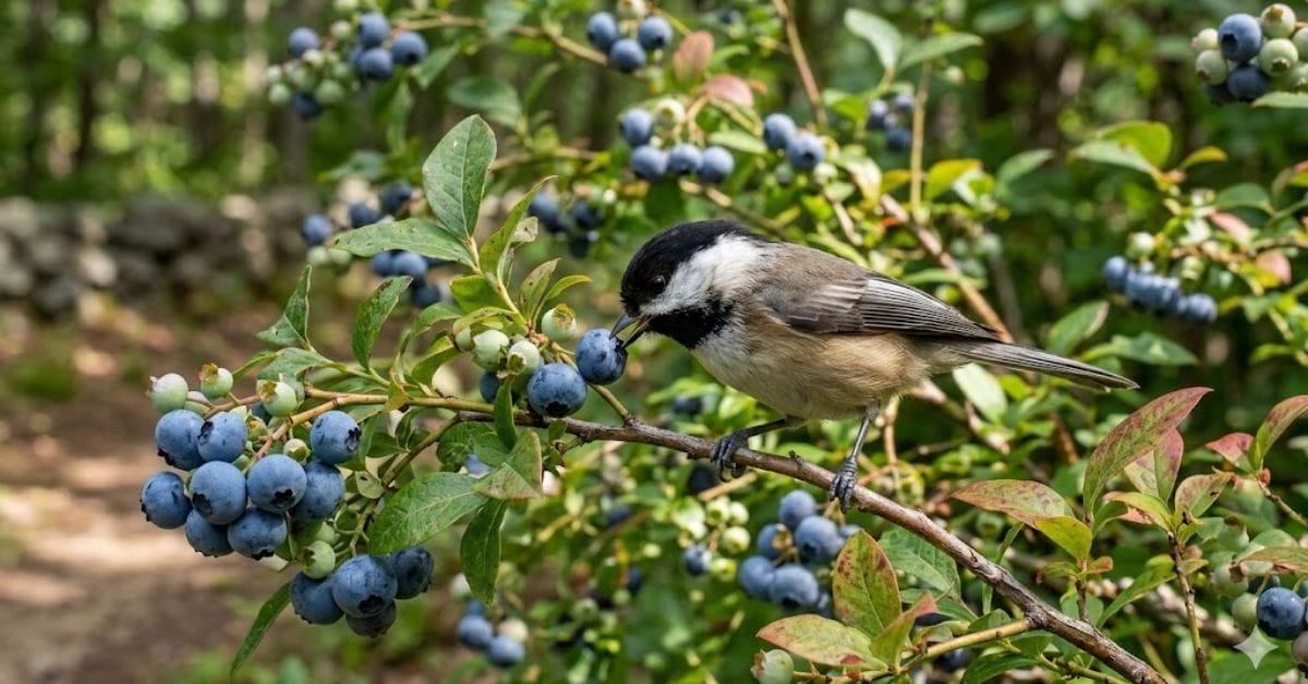Ripened blueberries on a native bush attracting songbirds