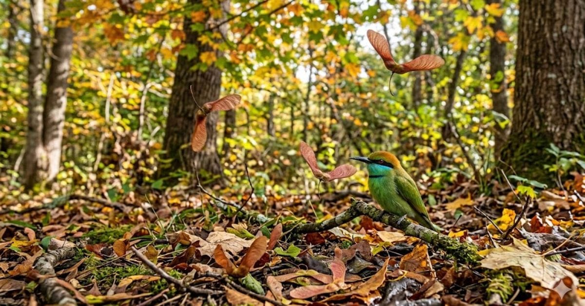 Native maple tree seeds falling, providing food for small mammals