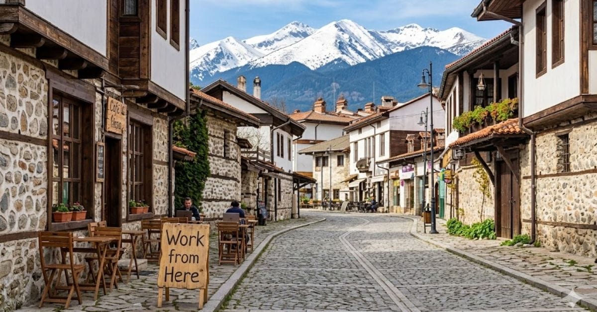 A scenic view of Bansko's old town with the Pirin Mountains in the background, perfect for digital nomads.