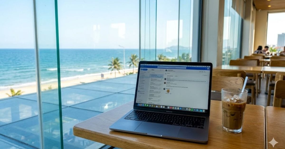 A beachfront workspace in Da Nang, Vietnam, showing a laptop and coffee with an ocean view.