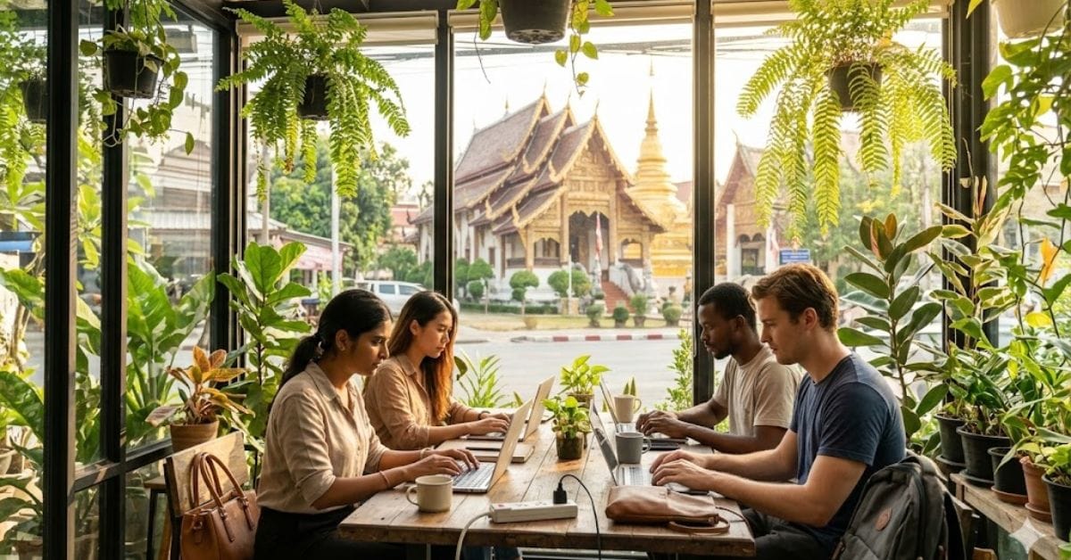 Digital nomads working in a tropical, plant-filled co-working space in Chiang Mai, Thailand.