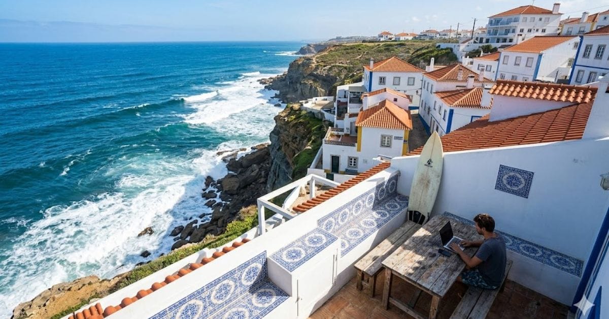 Remote worker on a sunny terrace in Ericeira, Portugal, overlooking the surf and traditional architecture.