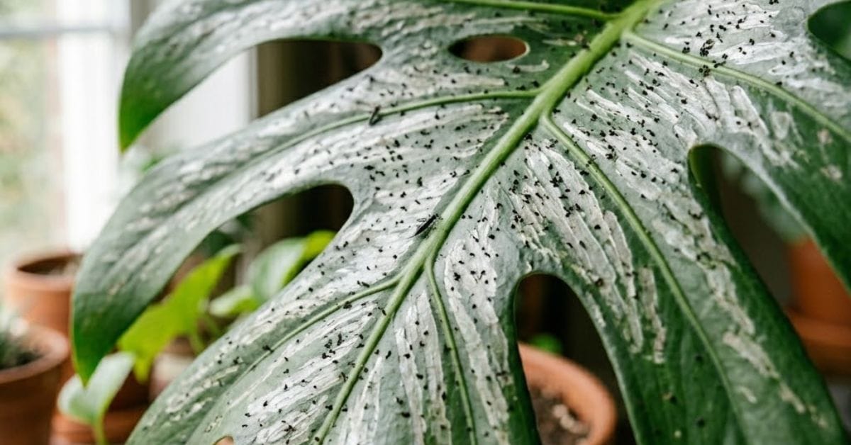 thrips damage on monstera leaf with silver streaks