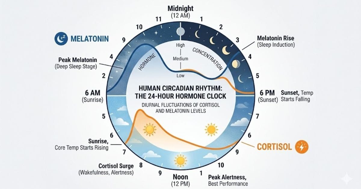 Circadian rhythm cycle chart showing peaks of cortisol and melatonin over 24 hours.