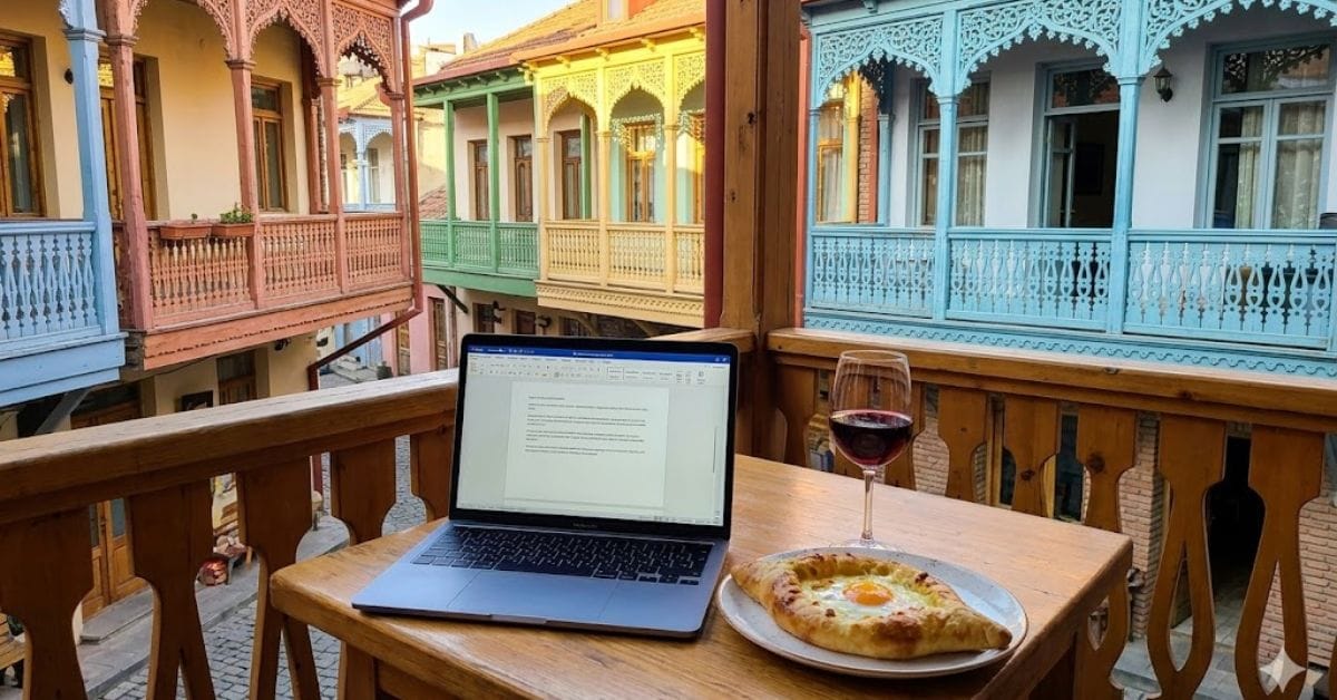 A cozy cafe workspace in Old Tbilisi, Georgia, showcasing local architecture and a nomad setup.