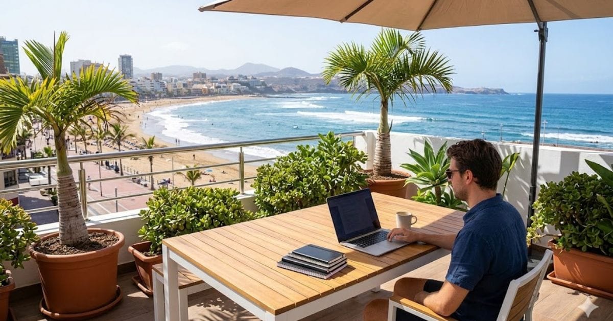 Sunny outdoor office setup in Las Palmas, Gran Canaria, with palm trees and beach vibes.