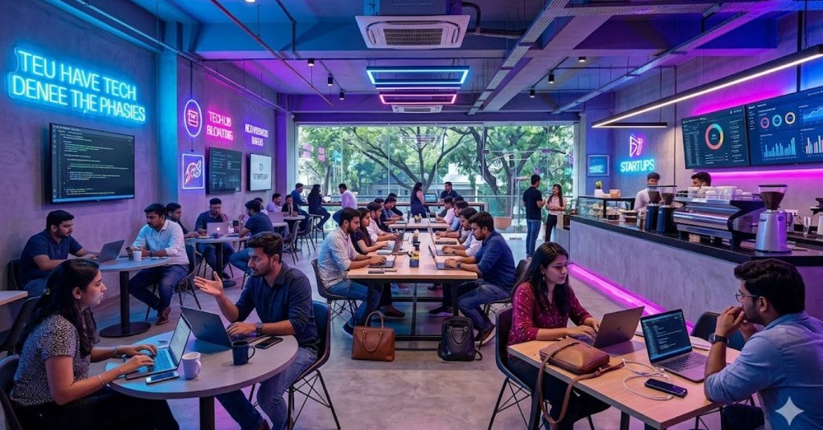 A modern, tech-focused cafe in Bengaluru, India, filled with software developers and entrepreneurs.