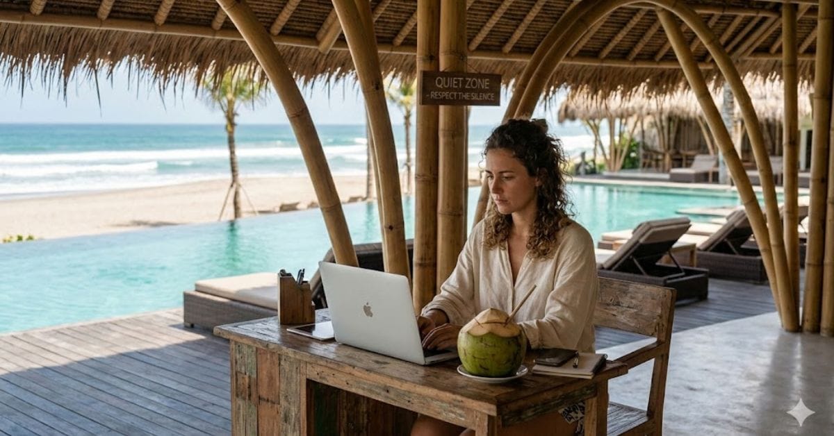 Digital nomad working at a bamboo beach club in Canggu Bali with high-speed internet.