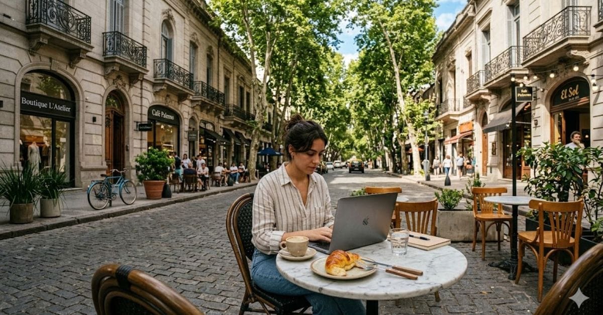 Remote worker at a sidewalk cafe in Buenos Aires Argentina featuring European architecture.