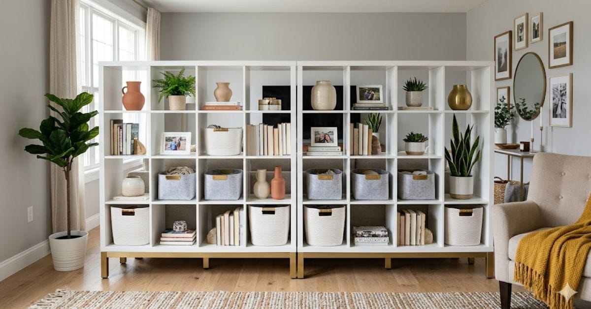 DIY IKEA Kallax closet island hack with gold furniture legs