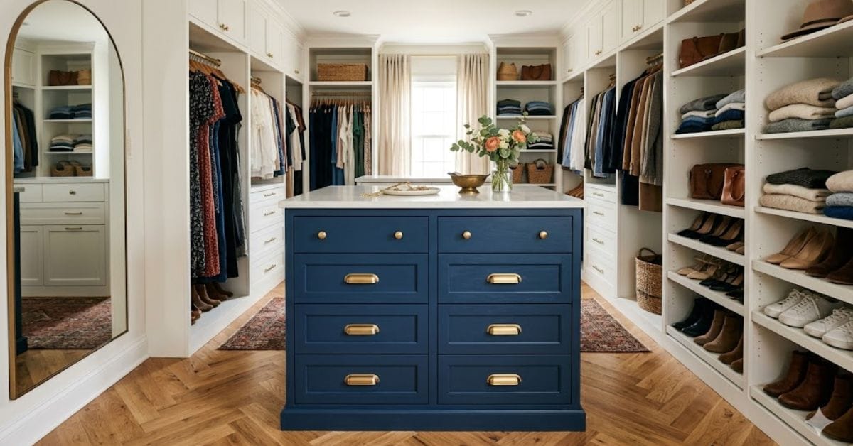 Upcycled navy blue dresser with brass handles in a walk-in closet
