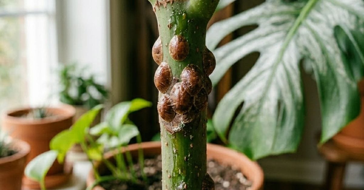 scale insects on plant stem looking like brown bumps