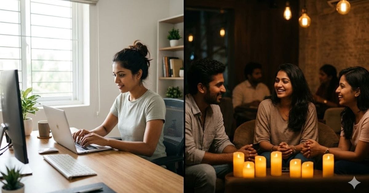 Comparison of high-energy morning deep work and low-light evening social syncing.