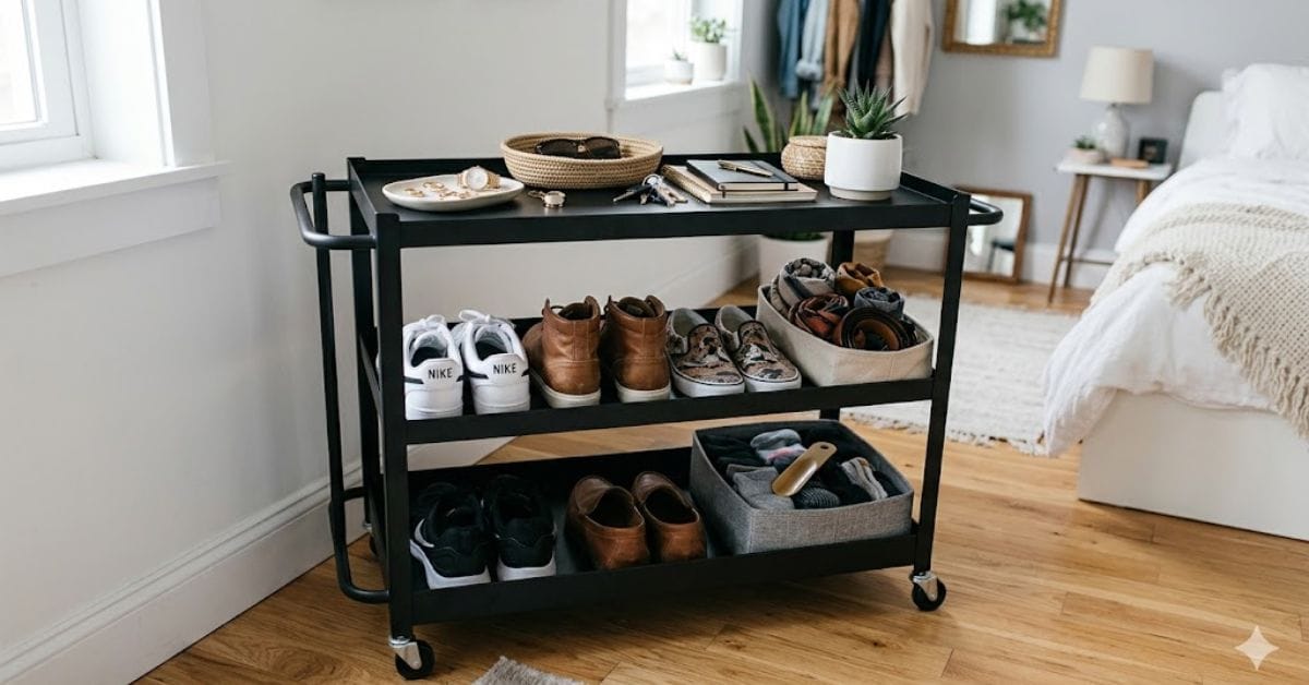 Metal rolling cart used as a mobile closet island for small spaces