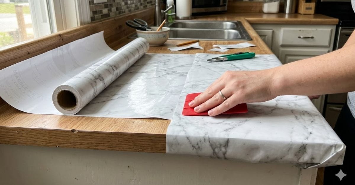DIY closet island with faux marble contact paper countertop